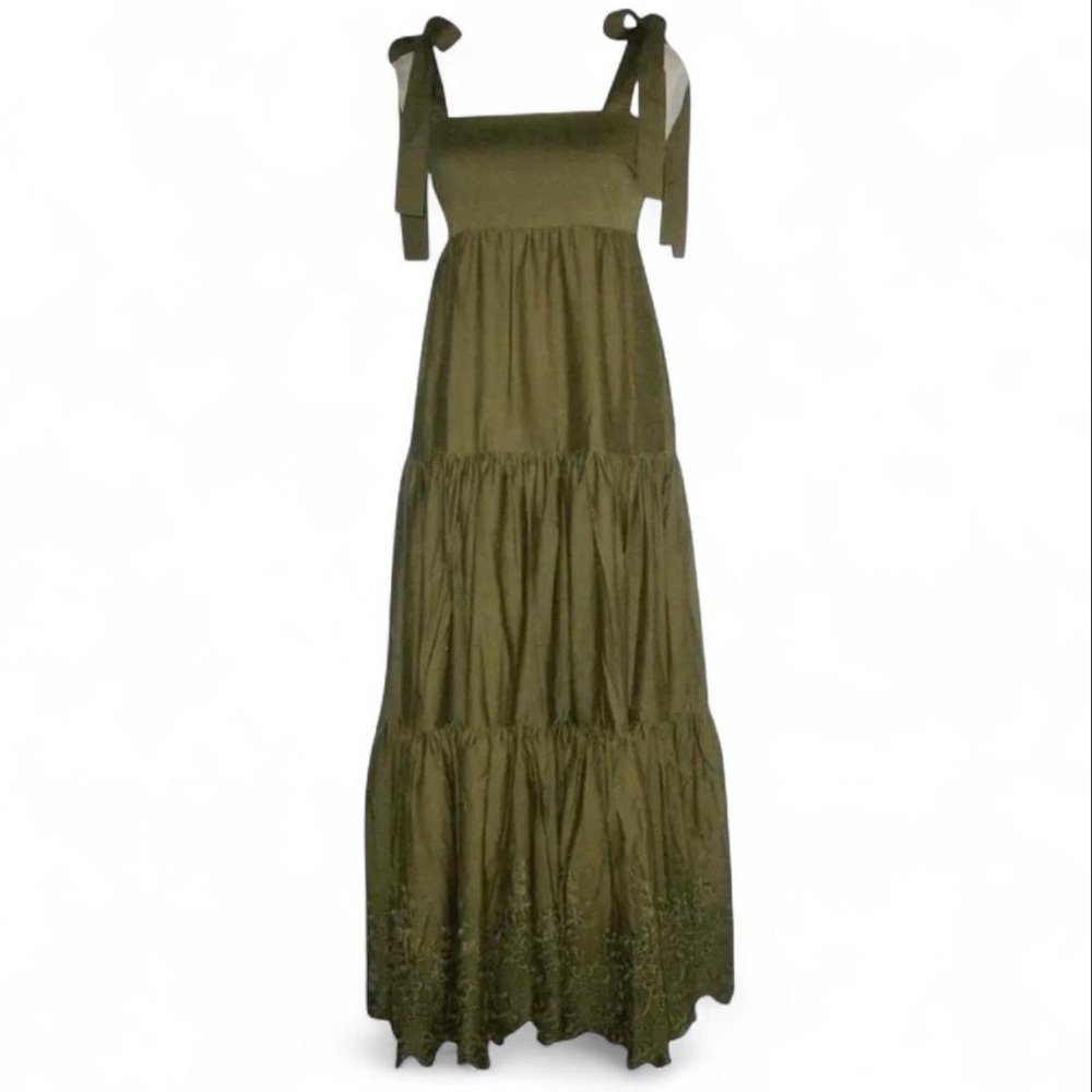 Jason Wu Embroidered Bow Tie Maxi Dress, Army Green, Medium